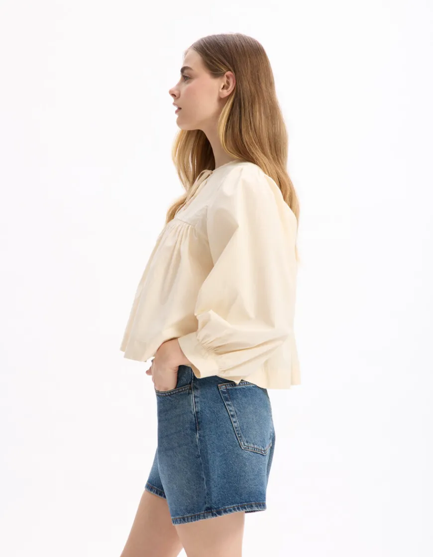 Celio Blouse encolure tunisienne en coton - beige^Femme Chemises & Blouses