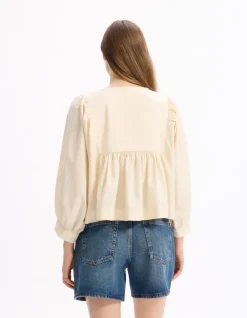Celio Blouse encolure tunisienne en coton - beige^Femme Chemises & Blouses