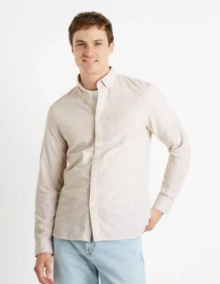 Celio Chemise oxford regular à rayures en coton - beige^Homme Chemises