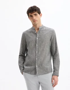 Celio Chemise regular rayé col mao en lin et coton - noir^Homme Chemises|Sélection Lin