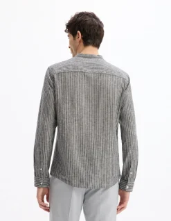 Celio Chemise regular rayé col mao en lin et coton - noir^Homme Chemises|Sélection Lin