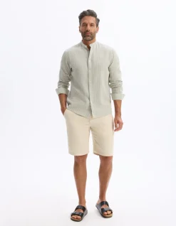 Celio Chemise regular rayé col mao en lin et coton - sauge^Homme Chemises|Sélection Lin