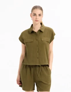 Celio Chemisier en gaze de coton sans manche - vert^Femme Chemises & Blouses|Les Ensembles