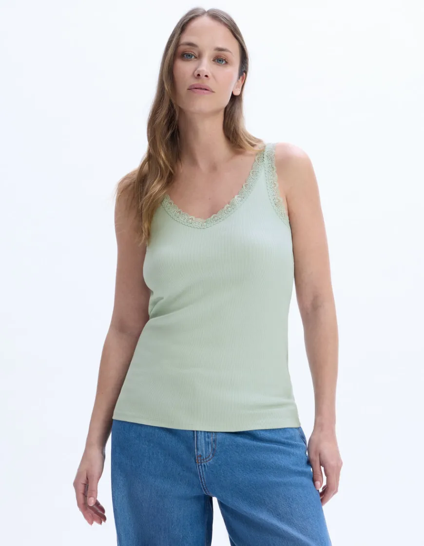 Celio Débardeur côtelé à dentelle - vert^Femme Les Essentiels Aux Meilleurs Prix|T-Shirts & Tops