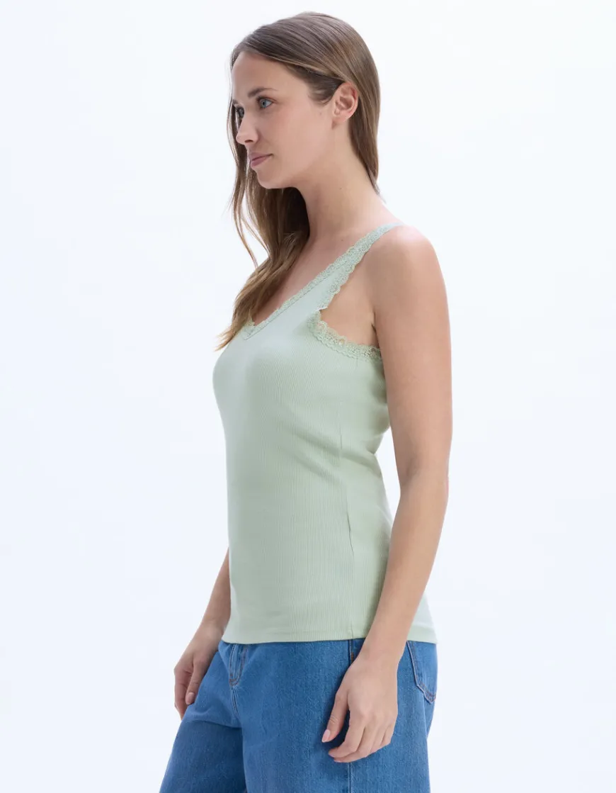 Celio Débardeur côtelé à dentelle - vert^Femme Les Essentiels Aux Meilleurs Prix|T-Shirts & Tops