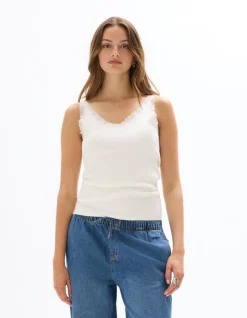 Celio Débardeur côtelé à dentelle - écru^Femme Les Essentiels Aux Meilleurs Prix|T-Shirts & Tops