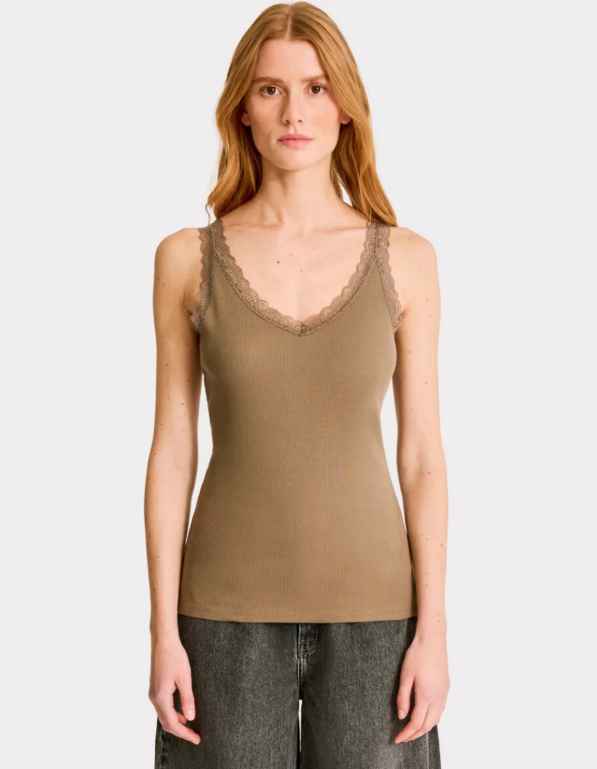Celio Débardeur côtelé à dentelle - kaki^Femme T-Shirts & Tops