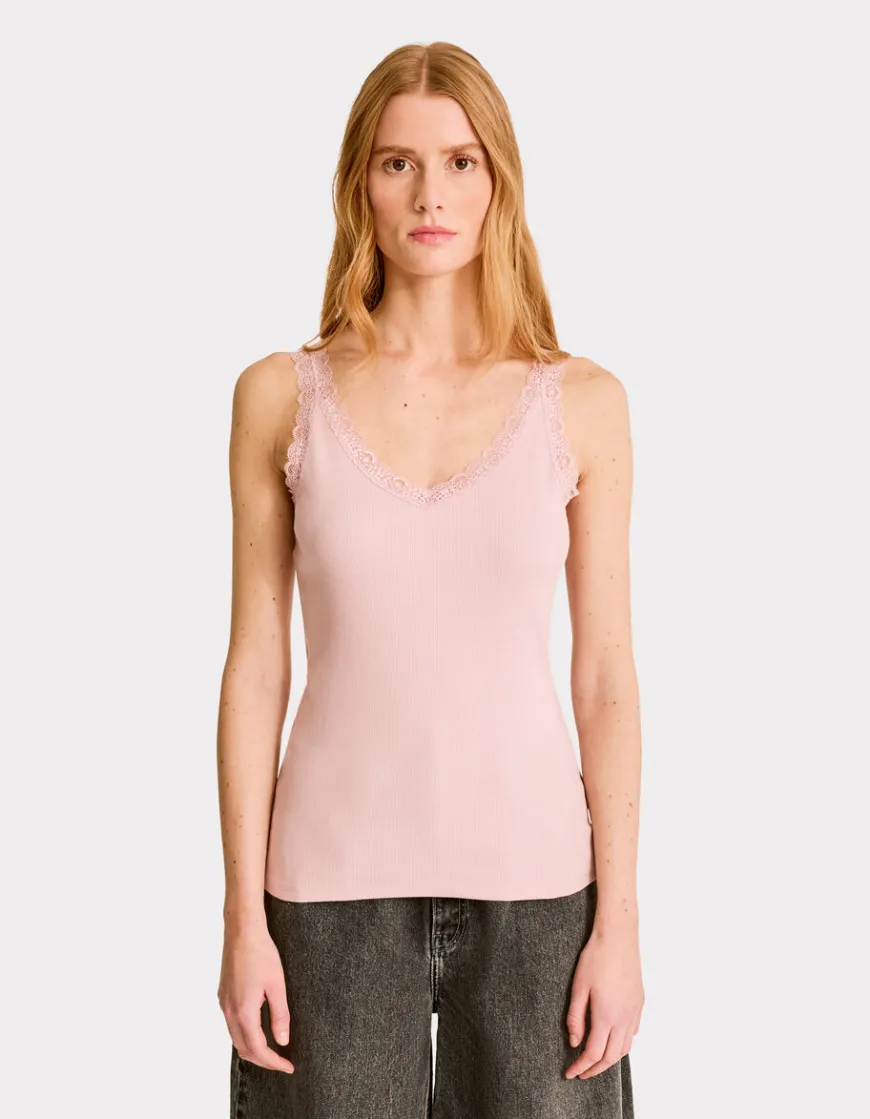 Celio Débardeur côtelé à dentelle - rose^Femme T-Shirts & Tops