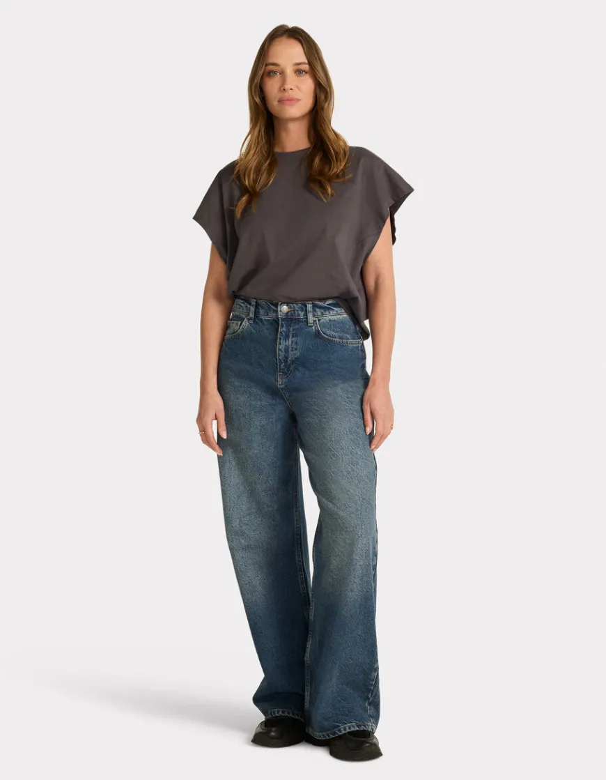 Celio Jean large taille haute délavé - bleu^Femme Jeans