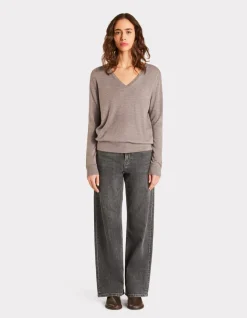Celio Pull 100% laine mérinos à col V - taupe^Femme Pulls