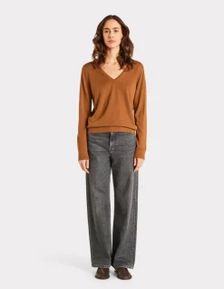 Celio Pull 100% laine mérinos à col V - marron^Femme Pulls