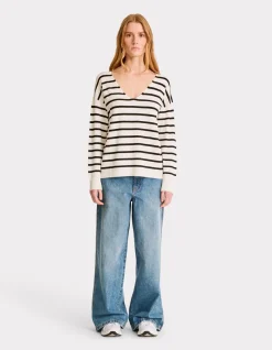 Celio Pull rayé col V en viscose Ecovero - beige^Femme Pulls