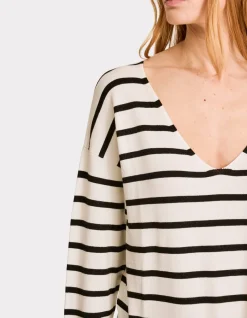 Celio Pull rayé col V en viscose Ecovero - beige^Femme Pulls