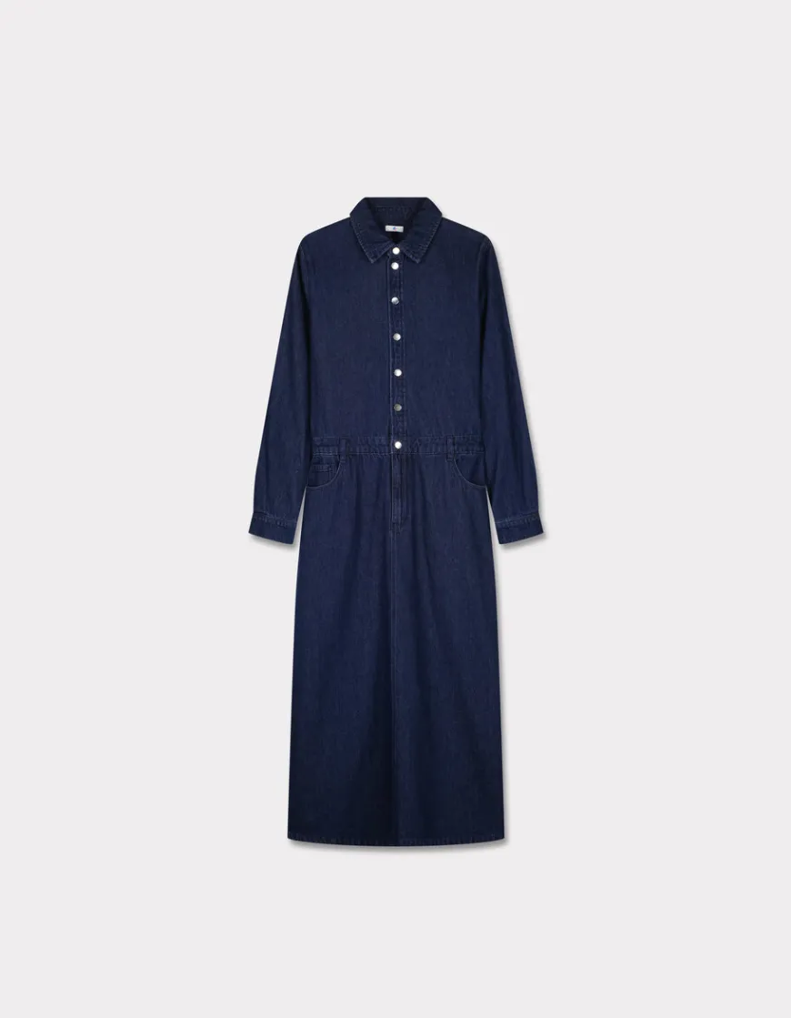 Celio Robe longue en jean col chemise - bleu^Femme Robes|Robes