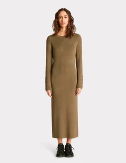 Celio Robe longue en maille côtelée - kaki^Femme Robes|Robes