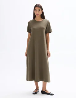 Celio Robe mi-longue en coton - kaki^Femme Les Essentiels Aux Meilleurs Prix|Robes