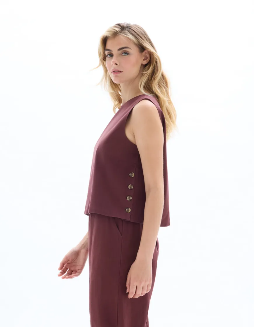 Celio Top coton lin bouton côté - marron^Femme Chemises & Blouses|T-Shirts & Tops