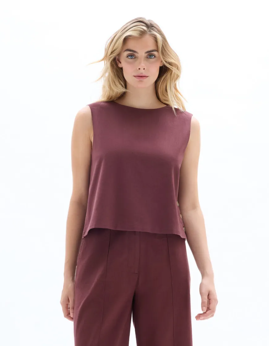 Celio Top coton lin bouton côté - marron^Femme Chemises & Blouses|T-Shirts & Tops