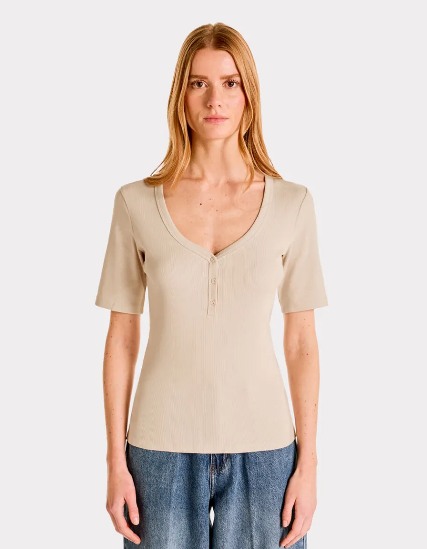 Celio T-shirt côtelé col V - beige^Femme T-Shirts & Tops