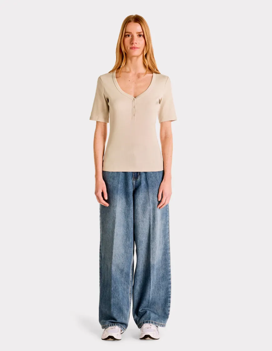 Celio T-shirt côtelé col V - beige^Femme T-Shirts & Tops