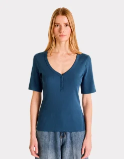 Celio T-shirt côtelé col V - bleu^Femme T-Shirts & Tops