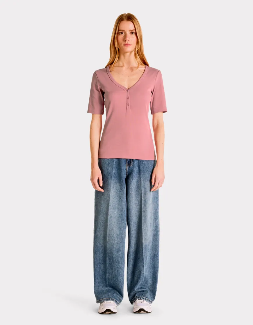 Celio T-shirt côtelé col V - rose^Femme T-Shirts & Tops
