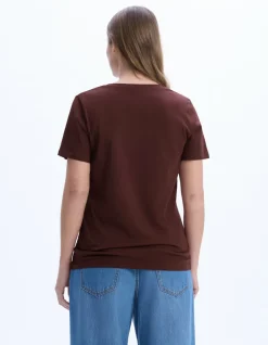 Celio T-shirt en coton biologique col V - marron^Femme Les Essentiels Aux Meilleurs Prix|T-Shirts & Tops
