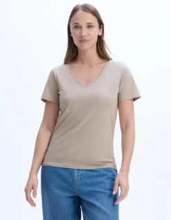 Celio T-shirt en coton biologique col V - beige^Femme Les Essentiels Aux Meilleurs Prix|T-Shirts & Tops