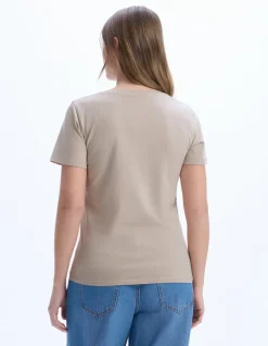 Celio T-shirt en coton biologique col V - beige^Femme Les Essentiels Aux Meilleurs Prix|T-Shirts & Tops
