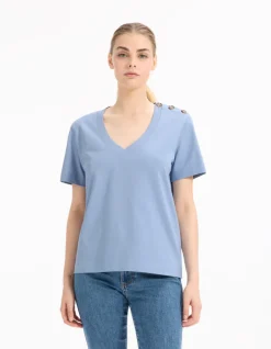 Celio T-shirt en coton boutonné - bleu^Femme T-Shirts & Tops