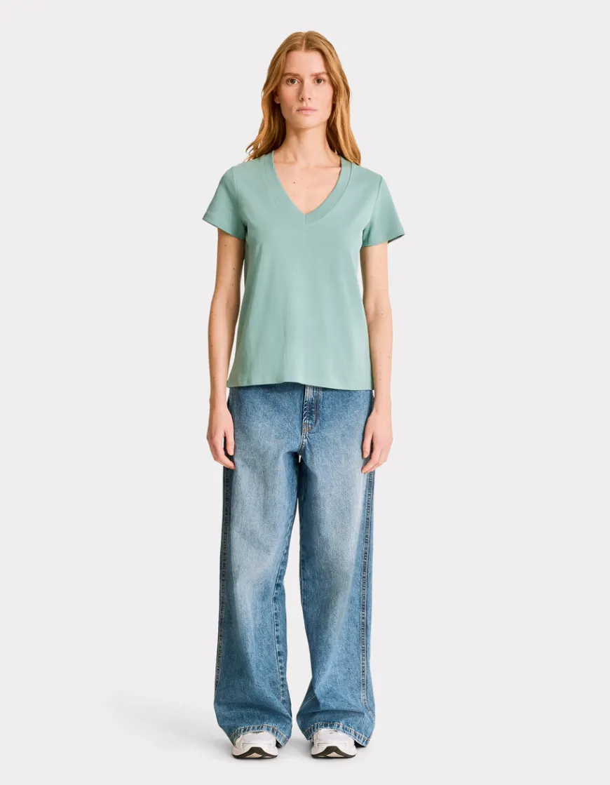 Celio T-shirt en coton doux col V - vert^Femme T-Shirts & Tops