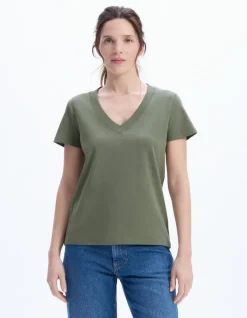 Celio T-shirt en coton doux col V - kaki^Femme Les Essentiels Aux Meilleurs Prix|T-Shirts & Tops