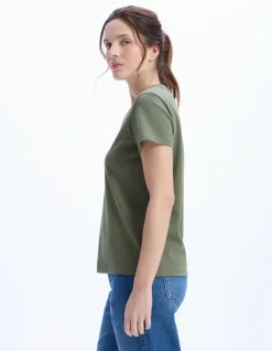 Celio T-shirt en coton doux col V - kaki^Femme Les Essentiels Aux Meilleurs Prix|T-Shirts & Tops