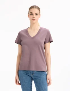 Celio T-shirt en coton doux col V - violet^Femme T-Shirts & Tops