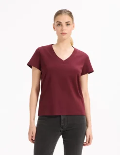 Celio T-shirt en coton doux col v - bordeaux^Femme T-Shirts & Tops