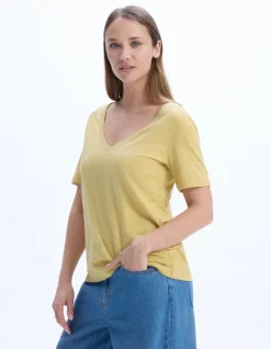 Celio T-shirt en coton flammé - jaune^Femme Les Essentiels Aux Meilleurs Prix|T-Shirts & Tops