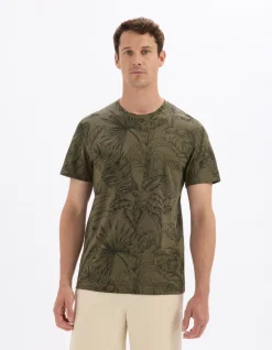 Celio T-shirt regular col rond 100% coton fleuri - kaki^Homme T-Shirts