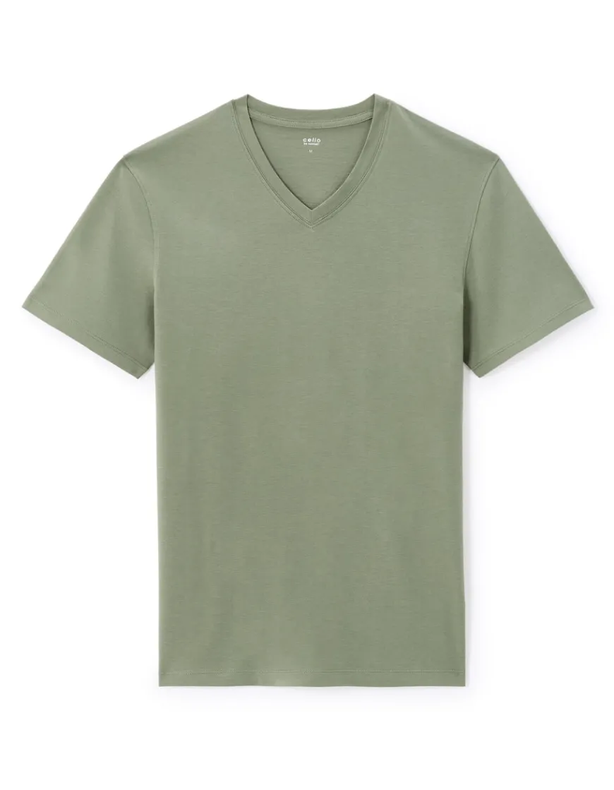 Celio T-shirt regular col v 100% coton - vert^Homme T-Shirts
