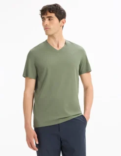 Celio T-shirt regular col v 100% coton - vert^Homme T-Shirts